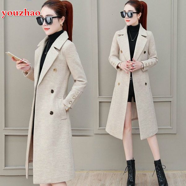 

2021 new autumn on the long knee double breasted wool jacket korean style female jacket6urm, Black