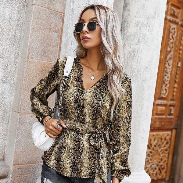 

vintage snake printed women blouse v-neck long sleeve slim high street female blouses with belt w640 210526, White