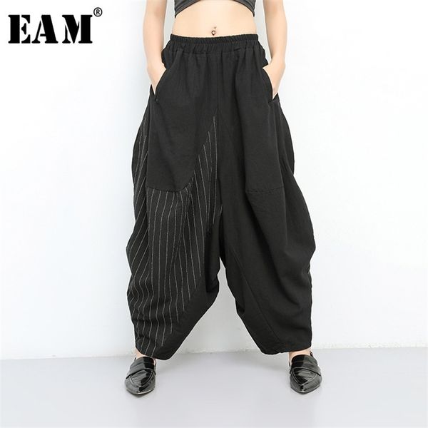 

[eam] spring autumn high elastic waist black striped big pocket wide leg loose pant trousers fashion jt138 211007, Black;white