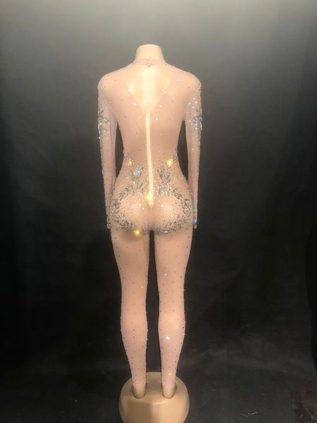 

bright silver rhinestones mesh jumpsuit perspective birthday outfit female singer evening party prom celebrate dance wear, Black;red
