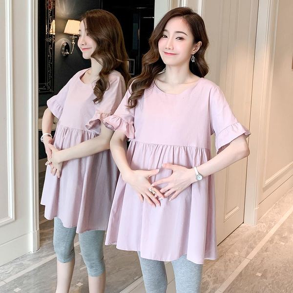 

maternity dresses 238# clothes summer short sleeves blouse o neck cotton loose stylish dress pregnant women mom, White