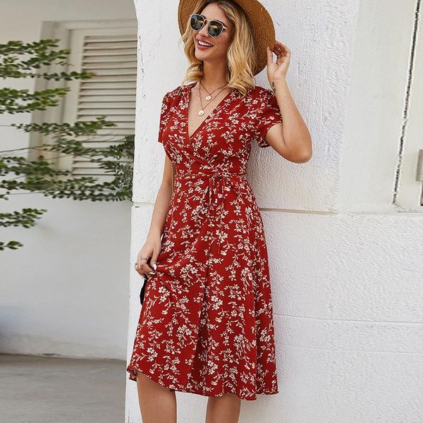 

party dresses women's summer dress 2021 girl v-neck a-line short sleeve chiffon long floral beach red femme robe clothing, White;black