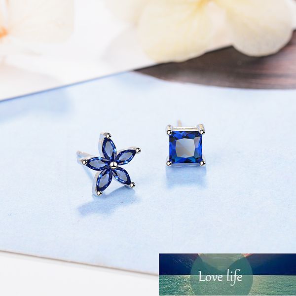 925 Sterling Prata Fantasia Flor Quadrado Em Forma de Cristal Azul CRISTAL ASSYMÉTRAFICADA Earrings para jóias de casamento simples S-E648