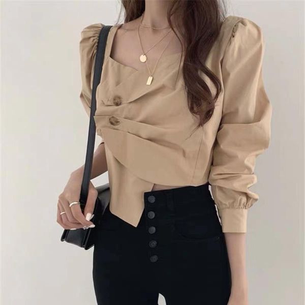 

2021 new spring white spandex shirt women blouses long sleeve side single breasted sweet korean style ol lady crop