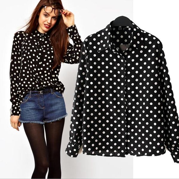 

women's blouses & shirts 2021 european style black polka dot ladies chiffon fashion long sleeve large size loose wholesale retail, White