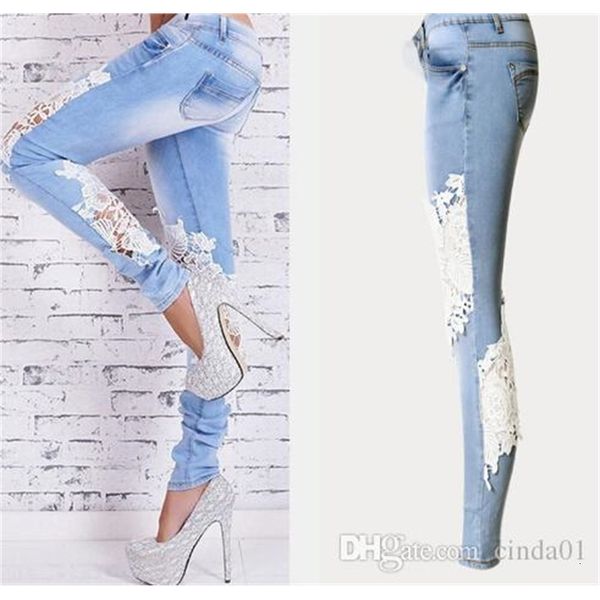 

spring women vintage denim openwork lace stitching trousers slim feet jeans woman plus size women pants, Blue