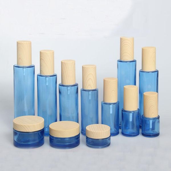 

2/8pcs 20/30/50g blue glass diy cream jar set 20/30/40/60/80/100/120ml empty sprayer atomizer/emulsion press pump bottle abs cap