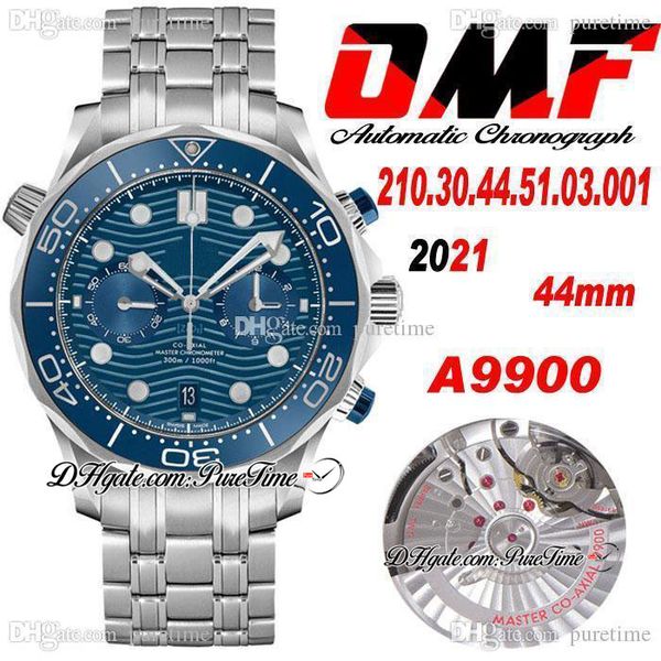 Omf 300m cal a9900 automático cronógrafo mens relógio 44mm azul textura discagem pulseira de aço inoxidável 210.30.44.51.03.001 super edição cronômetro puretime n02b2