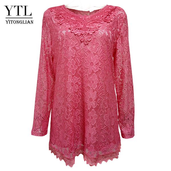 Mulheres YTL Plus Size Retro Rosa Cor-de-rosa Floral Lace Blusa Manga Longa V Pescoço Crochet Túnica Tump Top Senhoras Camisas Tee 6XL 7XL 8XL H026 210225