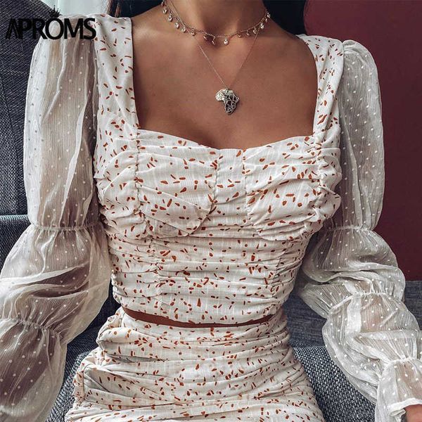 

aproms vintage square neck print cropped blouse women casual dot mesh patchwork long sleeve shirt ladies summer street 2021 t200812, White