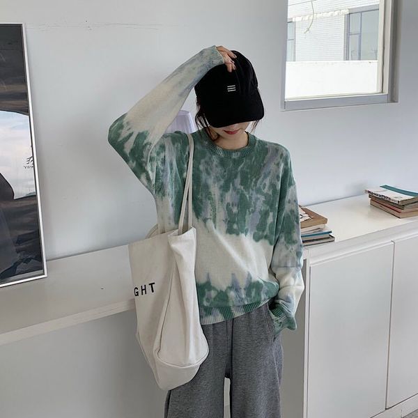 

2021 new autumn art retro tie-dye round neck long sleeve sweater knitted women 8pwo, White;black