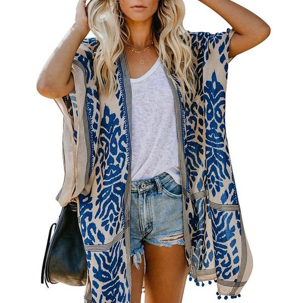 

women's swimwear womens boho printed kimono beach cover up fashionable summer open front loose cardigan with tassel, White;black