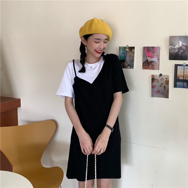 

summer 2021 fake two piece temperament dr's dign sense of minority french small t-shirt skirt, Black