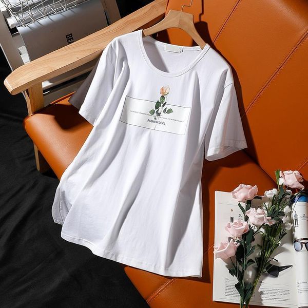 

large size short-sleeved t-shirt female summer new rose printing round neck cotton loose leisure women pullovers, White