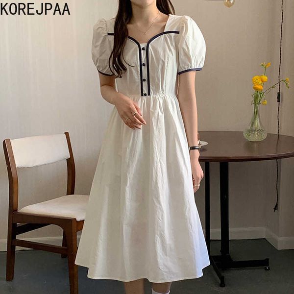 

korejpaa women dress summer korean chic retro niche design neckline edging contrast color slim puff sleeve a-line vestidos 210526, Black;gray