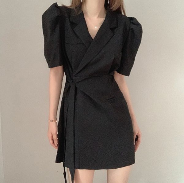 

2021 new fashion temperament, women's suburban suit, collar, bubble sleeve, a-line folding office skirt, solid color, lapel, series klc, Black;gray