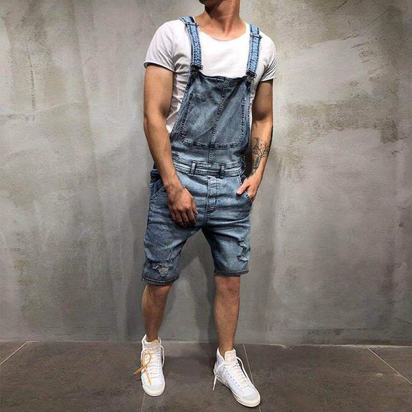 

2021 shorts overalls men's ripped jeans jumpsuits hi fashion bib street distressed denim oversize suspender for man summer pants jkikl, Black