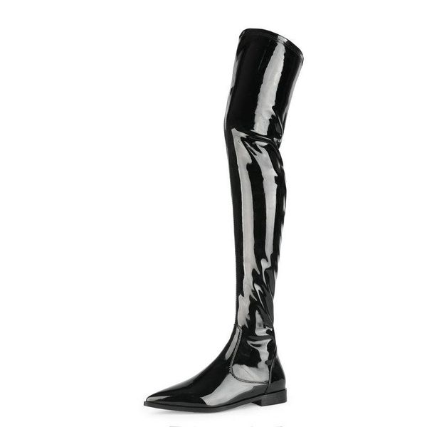 

boots 2021 patent leather fashion lady side zipper spring autumn thigh comfortable low heel pointed toe slim women's shoes, Black