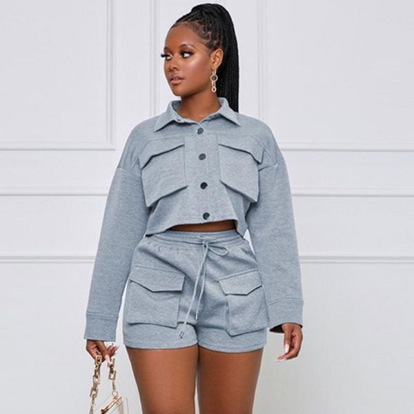 

women's tracksuits autumn winter elegant set long sleeve organ pocket and shorts basic tracksuit two piece fitness outfits, Gray