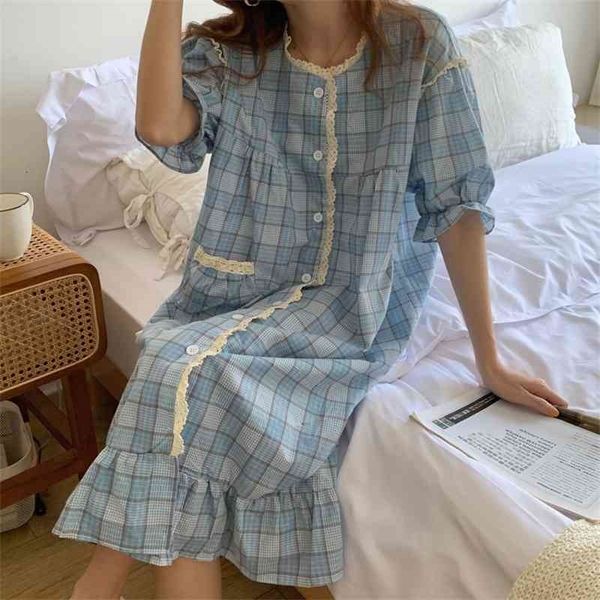 

women's sleepwear korea summer sweet plaid loose-fitting short sleeve chic femme princess lace casual pajamas nightes bwn0, Black;red