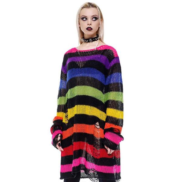 

women's sweaters loose ripped sweater women punk mohair rainbow gradient stripe mid-length knitted lugentolo, White;black