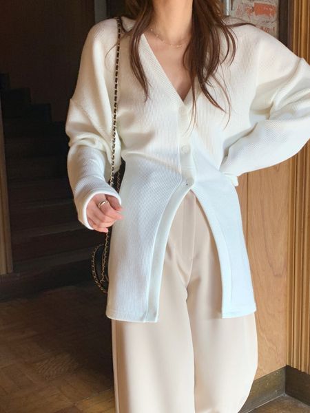 

women's sweaters french autumn and winter cardigan sweater mesh smooth with single v neckline breasted hem split jacket outwear xn82, White;black