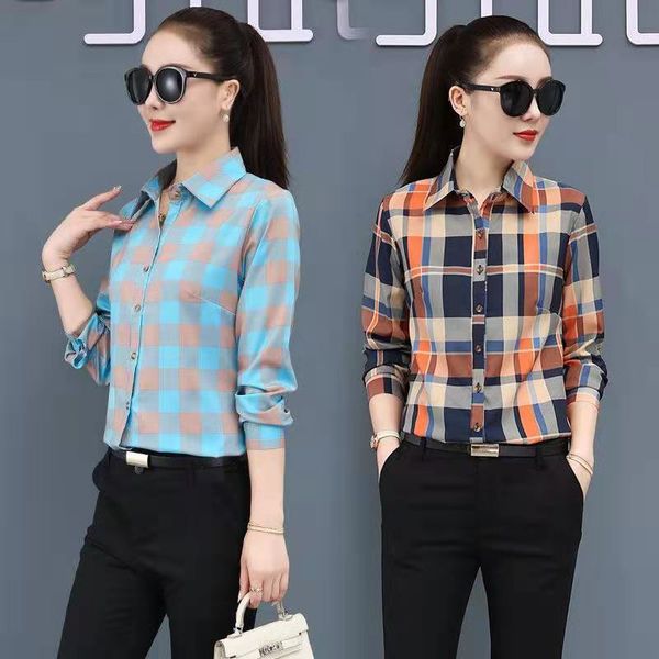 

2021 new korean style womens blouse spring summer plaid shirt women chic turn-down collar design slim base shirt female clothes, White