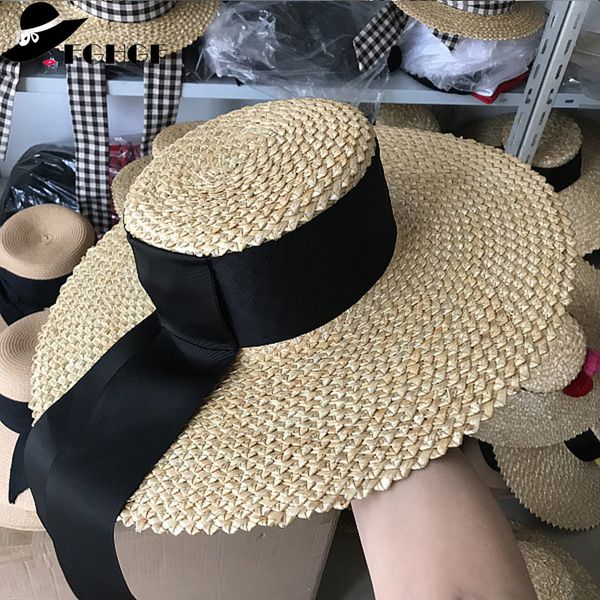 

2021 new women natural floppy straw wide brim summer flat black long band beach hat cap ladies kentucky derby sun hats odiy, Blue;gray