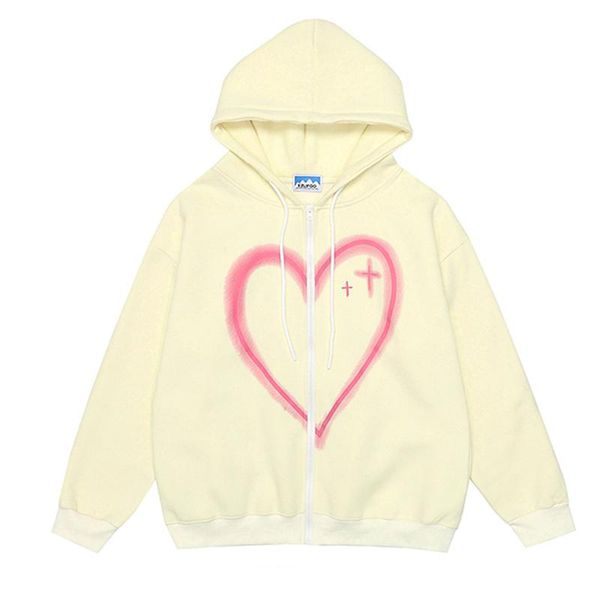 

women's knits & tees hip hop hooded sweatshirts kawaii anime heart letter print streetwear autumn winter long sleeve grunge zip up y2k, White