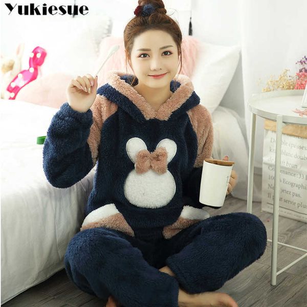 Herbst Winter Frauen Flanell Pyjamas Set Bär Mit Kapuze Nachtwäsche Korallen Fleece Verdickt Warme Pyjamas Hause Kleidung 210608