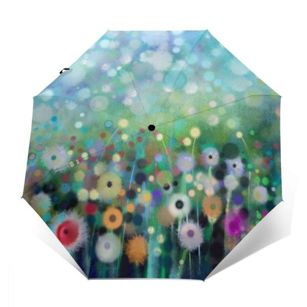 

umbrellas automatic umbrella rain women three-folding spring dandelion painting windproof female waterproof parasol