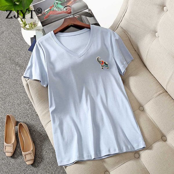 

europe fashion summer short sleeve solid beading women tshirts mercerized cotton casual white tees female s-xxl 210601