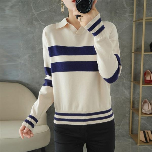 

autumn winter cashmere wool women sweaters blended pullover womens long sleeve lapel sweater knitted warm polo shirt, White;black