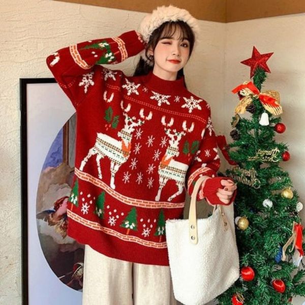 

women's sweaters christmas sweater women clothes elk red thickened winter 2021 loose pullover o-neck casual full harajuku oversized, White;black
