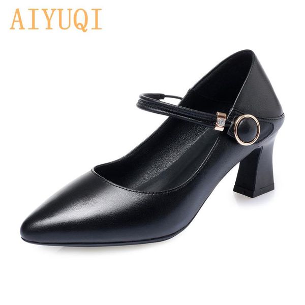 

dress shoes aiyuqi women's office spring 2021 genuine leather heel pointed toe fashion banquet women, Black