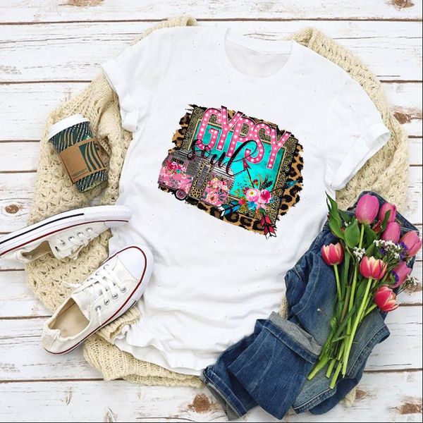 

women graphic camper leopard flower cute vacay summer shirt lady clothes t shirt womens clothing tee female t shirt, White