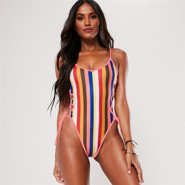 

body mechanics clothing women summer beach bandage bodysuit starp bodycon stripe push up bodysuits swimwear monokini swimsuit bikini ba, Black