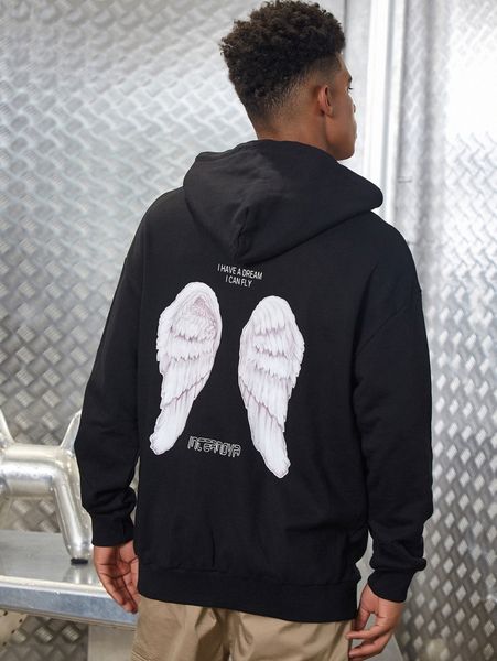 

men slogan & wing print drawstring drop shoulder hoodie 64fj#, Black