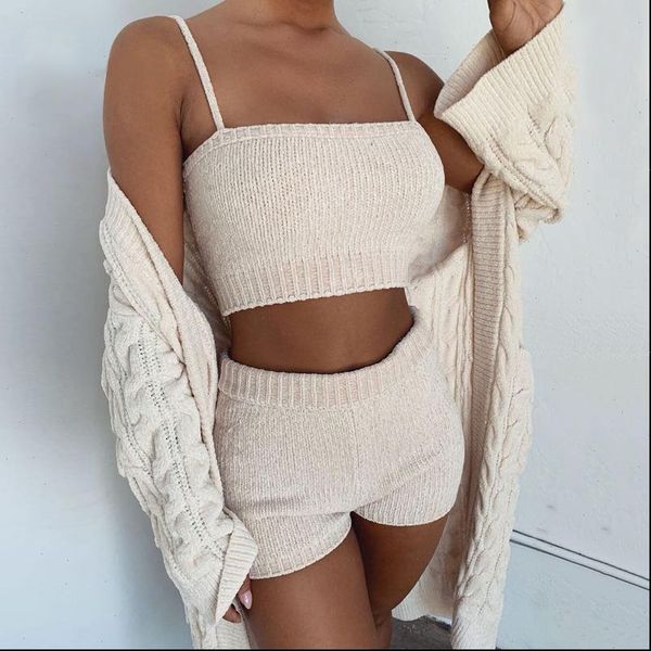 

2021 summer sweater 2 piece set fashion sling crop and shorts suit autumn winter knitted two piece set outfits, Gray