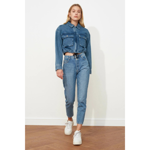 

women's jackets dark blue waist cord pocket detailed crop denim jacket, Black;brown