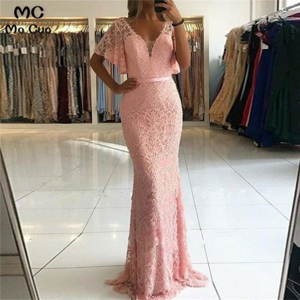 

party dresses 2021 blush pink mermaid evening prom long with lace short sleeves v-neck vestidos de fiesta formal dress, White;black