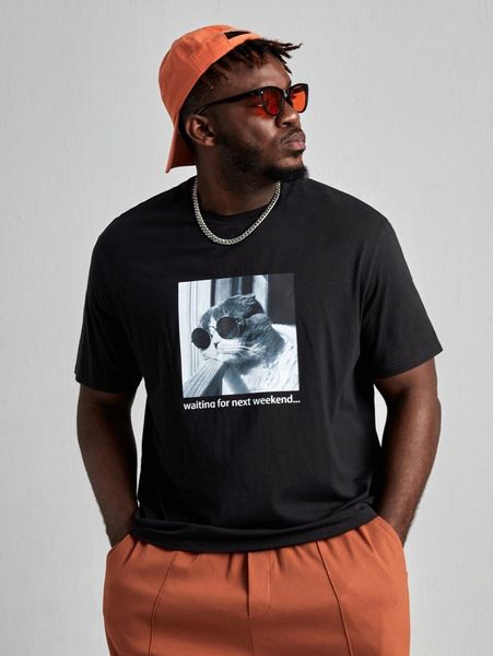 

extended sizes men cat & slogan graphic tee p6cw#, White;black