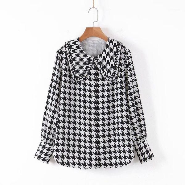 

spring fashion women turn down collar houndstooth print casual chiffon blouse office ladies shirts chic chemise ls62951, White
