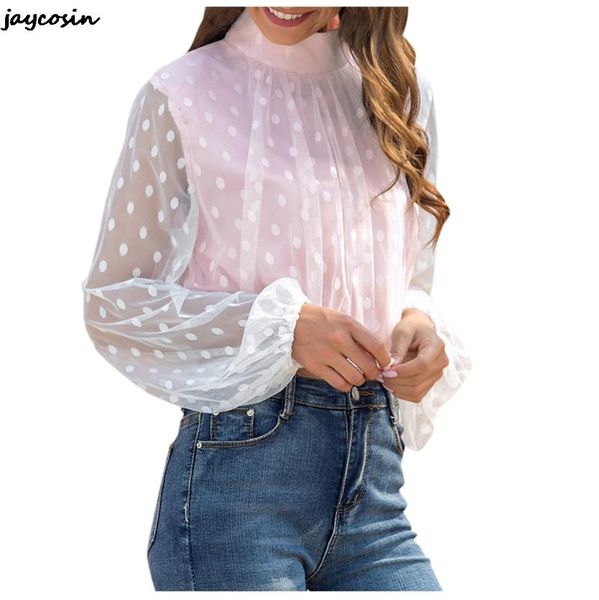 

jaycosin vintage blouse see-through sleeve dot print blouse o neck lady office shirt tunic casual loose plus size, White