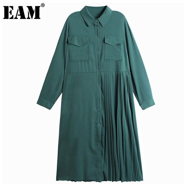 

casual dresses [eam] women pockets black pleated big size midi dress lapel long sleeve loose fit fashion tide spring autumn 2021 1dd4781, Black;gray