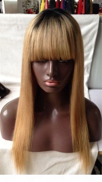

ombre 1b# 27# blonde long silky straight middle part hairstyle soft human hair lace front wig baby hair, Black;brown