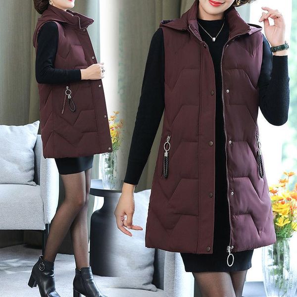 

women's vests 2021autumn winter coats long waistcoat ladies middle-aged elderly cotton vest overcoat women hooded sleeveless jacket fem, Black;white
