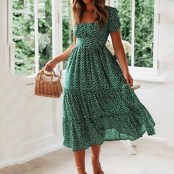 

summer dress vintage print women camis puff sleeve sweet high waist square collar green mid dresses slim vestidos, White