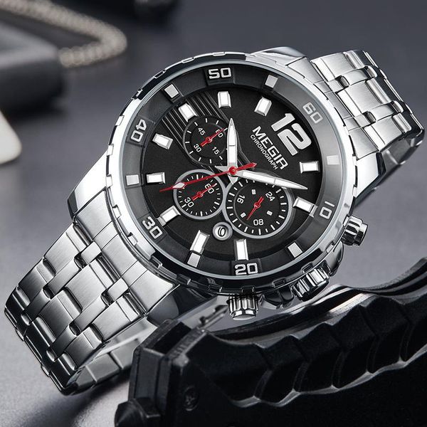 

wristwatches megir men's silver stainless steel strap quartz watches business chronograph analgue wristwatch for man waterproof luminou, Slivery;brown