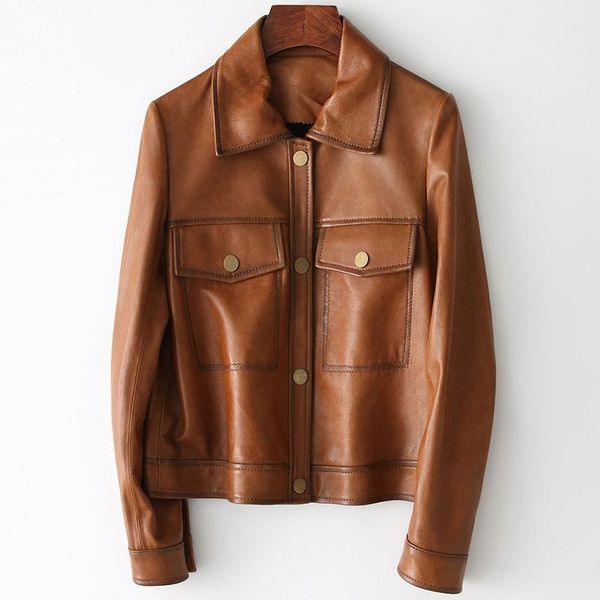 

women's leather & faux spring natural genuine women sheepskin motorcycle short slim jacket brass color soft suede coat with poc, Black